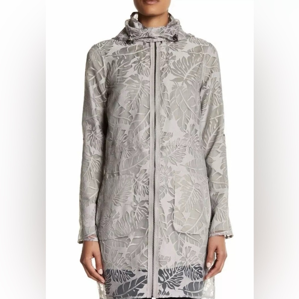 Zac Posen MSRP $795 Women's Gray Leaf Pattern Trench Coat w/ Hood Size Small